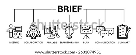 Brief banner icon with meeting, collaboration, analysis, brainstorming, plan, communication, summary
