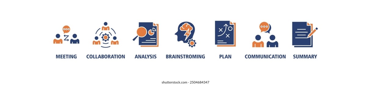 Kurzbanner-Websymbol-Set, Vektorgrafik-Konzept für eine Besprechung von Geschäftsplänen mit einem Symbol für Besprechung, Zusammenarbeit, Analyse, Brainstorming, Plan, Kommunikation und Zusammenfassung