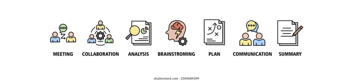 Kurzbanner-Websymbol-Set, Vektorgrafik-Konzept für eine Besprechung von Geschäftsplänen mit einem Symbol für Besprechung, Zusammenarbeit, Analyse, Brainstorming, Plan, Kommunikation und Zusammenfassung