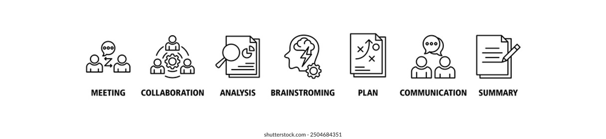 Kurzbanner-Websymbol-Set, Vektorgrafik-Konzept für eine Besprechung von Geschäftsplänen mit einem Symbol für Besprechung, Zusammenarbeit, Analyse, Brainstorming, Plan, Kommunikation und Zusammenfassung