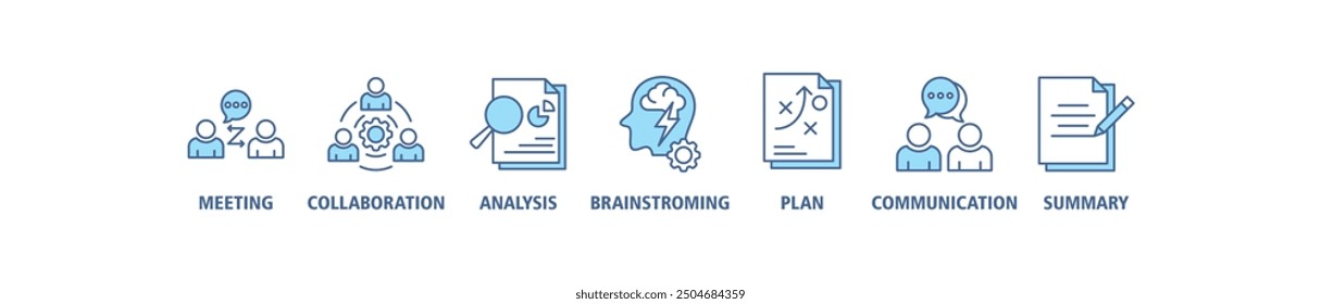 Kurzbanner-Websymbol-Set, Vektorgrafik-Konzept für eine Besprechung von Geschäftsplänen mit einem Symbol für Besprechung, Zusammenarbeit, Analyse, Brainstorming, Plan, Kommunikation und Zusammenfassung