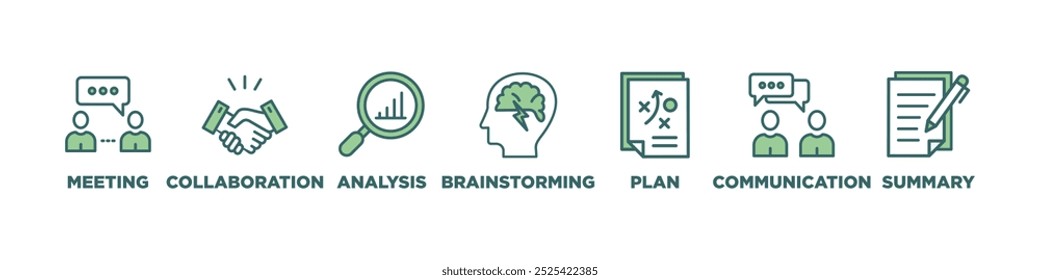 Breve banner ícone da Web vetor ilustração conceito para um resumo do plano de negócios com um ícone de reunião, colaboração, análise, debate, plano, comunicação e resumo