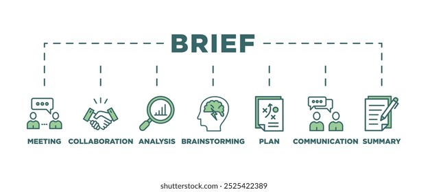 Breve banner ícone da Web vetor ilustração conceito para um resumo do plano de negócios com um ícone de reunião, colaboração, análise, debate, plano, comunicação e resumo