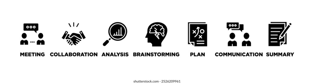 Breve banner ícone da Web vetor ilustração conceito para um resumo do plano de negócios com um ícone de reunião, colaboração, análise, debate, plano, comunicação e resumo