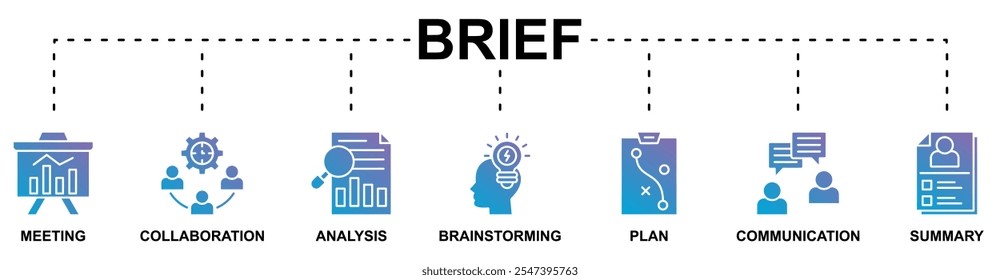 Kurzbanner-Websymbol, Vektorgrafik-Konzept mit Symbol für Besprechung, Zusammenarbeit, Analyse, Brainstorming, Plan, Kommunikation, Zusammenfassung