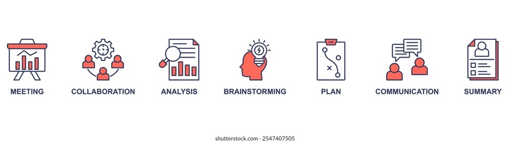 Kurzbanner-Websymbol, Vektorgrafik-Konzept mit Symbol für Besprechung, Zusammenarbeit, Analyse, Brainstorming, Plan, Kommunikation, Zusammenfassung