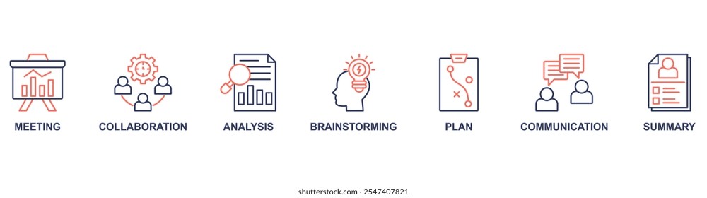 Kurzbanner-Websymbol, Vektorgrafik-Konzept mit Symbol für Besprechung, Zusammenarbeit, Analyse, Brainstorming, Plan, Kommunikation, Zusammenfassung