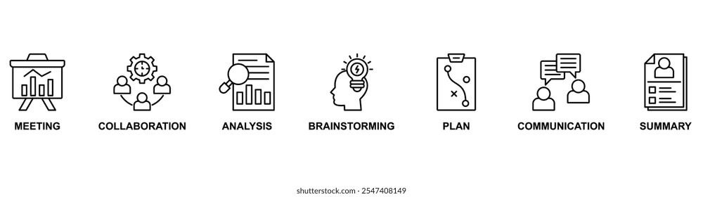 Kurzbanner-Websymbol, Vektorgrafik-Konzept mit Symbol für Besprechung, Zusammenarbeit, Analyse, Brainstorming, Plan, Kommunikation, Zusammenfassung