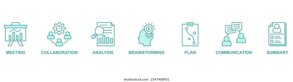 Kurzbanner-Websymbol, Vektorgrafik-Konzept mit Symbol für Besprechung, Zusammenarbeit, Analyse, Brainstorming, Plan, Kommunikation, Zusammenfassung