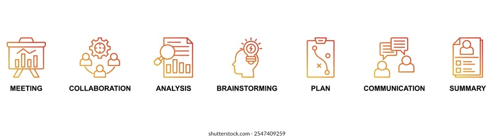 Kurzbanner-Websymbol, Vektorgrafik-Konzept mit Symbol für Besprechung, Zusammenarbeit, Analyse, Brainstorming, Plan, Kommunikation, Zusammenfassung