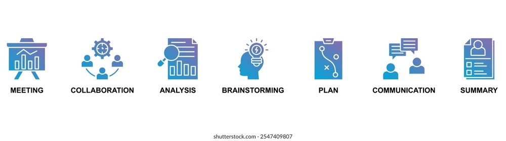 Kurzbanner-Websymbol, Vektorgrafik-Konzept mit Symbol für Besprechung, Zusammenarbeit, Analyse, Brainstorming, Plan, Kommunikation, Zusammenfassung