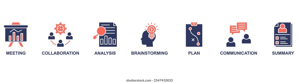 Kurzbanner-Websymbol, Vektorgrafik-Konzept mit Symbol für Besprechung, Zusammenarbeit, Analyse, Brainstorming, Plan, Kommunikation, Zusammenfassung