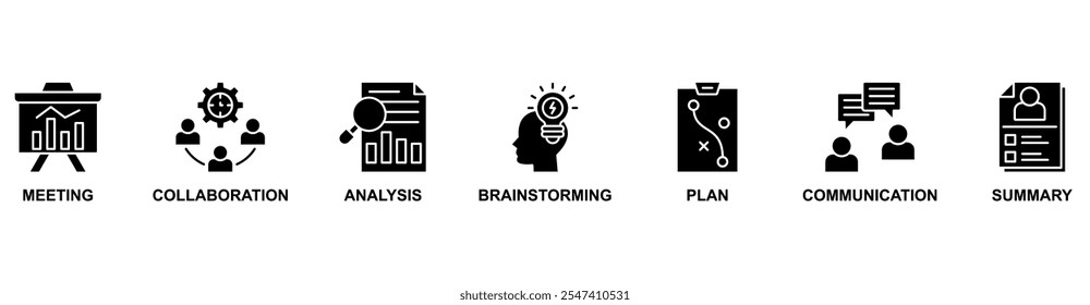 Kurzbanner-Websymbol, Vektorgrafik-Konzept mit Symbol für Besprechung, Zusammenarbeit, Analyse, Brainstorming, Plan, Kommunikation, Zusammenfassung