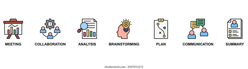 Kurzbanner-Websymbol, Vektorgrafik-Konzept mit Symbol für Besprechung, Zusammenarbeit, Analyse, Brainstorming, Plan, Kommunikation, Zusammenfassung