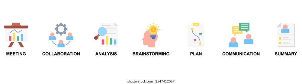 Kurzbanner-Websymbol, Vektorgrafik-Konzept mit Symbol für Besprechung, Zusammenarbeit, Analyse, Brainstorming, Plan, Kommunikation, Zusammenfassung