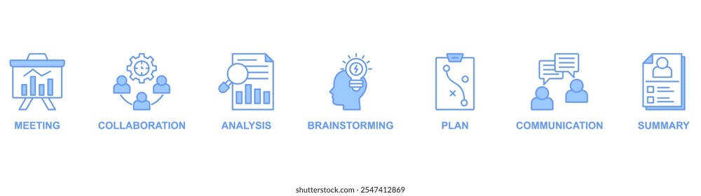 Kurzbanner-Websymbol, Vektorgrafik-Konzept mit Symbol für Besprechung, Zusammenarbeit, Analyse, Brainstorming, Plan, Kommunikation, Zusammenfassung