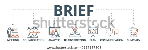Brief\
banner web icon vector illustration concept for a briefing of\
business plan with an icon of meeting, collaboration, analysis,\
brainstorming, plan, communication, and\
summary