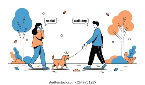 Um breve encontro entre dois indivíduos caminhando com seus cães em um parque panorâmico em um dia de outono crocante