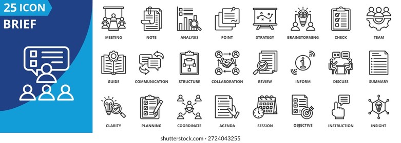 Sammlung von kurzen Symbolen im Gliederungsstil. Icon Pack enthält Informieren, Diskutieren, Planen, Zusammenarbeit, Agenda, Team, Notiz, Einsicht, Sitzung Icon