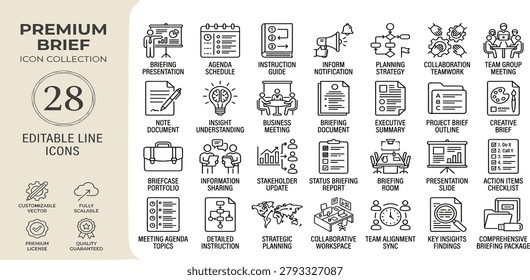 Brief icon set. Containing briefing, agenda, instruction, inform, planning, collaboration, team, note, insight, meeting, and more. Editable stroke. Vector illustration