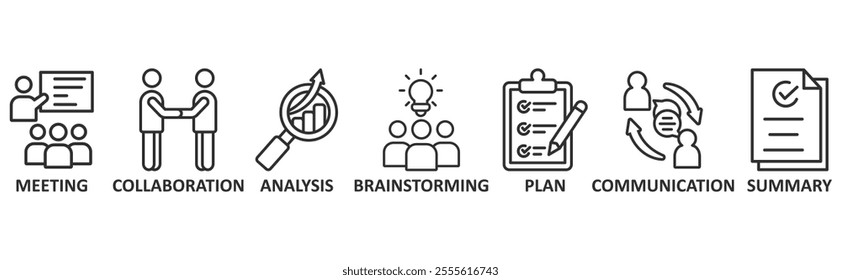 Brief icon set illustration concept with icon of meeting, collaboration, analysis, brainstorming, plan, communication, summary