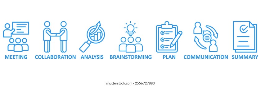 Brief icon set illustration concept with icon of meeting, collaboration, analysis, brainstorming, plan, communication, summary