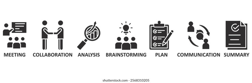 Brief icon set illustration concept with icon of meeting, collaboration, analysis, brainstorming, plan, communication, summary