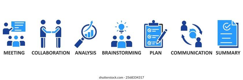 Brief icon set illustration concept with icon of meeting, collaboration, analysis, brainstorming, plan, communication, summary