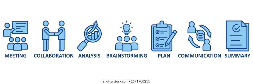 Brief icon set illustration concept with icon of meeting, collaboration, analysis, brainstorming, plan, communication, summar