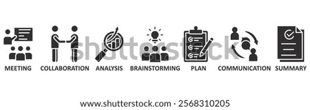 Brief icon set illustration concept with icon of meeting, collaboration, analysis, brainstorming, plan, communication, summary