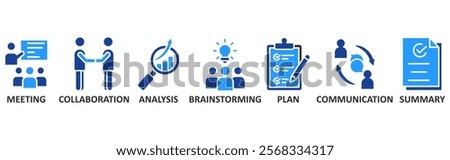 Brief icon set illustration concept with icon of meeting, collaboration, analysis, brainstorming, plan, communication, summary