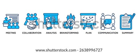 Brief icon set vector illustration concept relate to a briefing of business plan with an icon of meeting, collaboration, analysis, brainstorming, plan, communication, and summary
