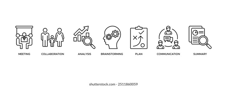 Kurzes Symbol, Vektorgrafik-Banner-Web aus Besprechung, Zusammenarbeit, Analyse, Brainstorming, Plan, Kommunikation und Zusammenfassung