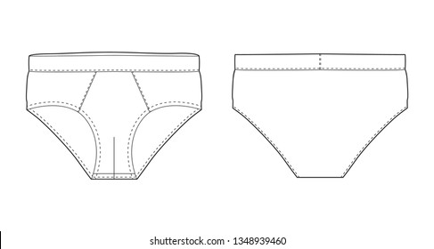 Brief pants underwear isolated technical sketch. Vector illustration of men underpants. Man underwear. Front and back views.