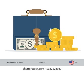 Briefcase with 1 US Dollar Banknote. Flat style vector illustration. Corporate business concept.