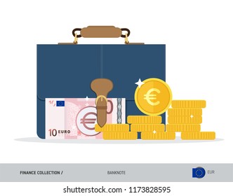 Briefcase with 10 Euro Banknote. Flat style vector illustration. Corporate business concept.