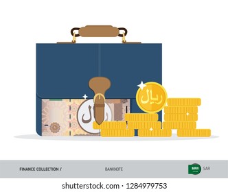 Briefcase with 10 Saudi Arabia Riyal. Flat style vector illustration. Corporate business concept.