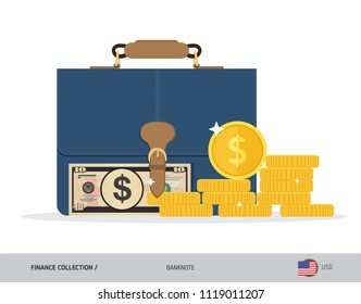 Briefcase with 10 US Dollar Banknote. Flat style vector illustration. Corporate business concept. 