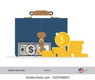 Briefcase with 100 US Dollar Banknote. Flat style vector illustration. Corporate business concept.