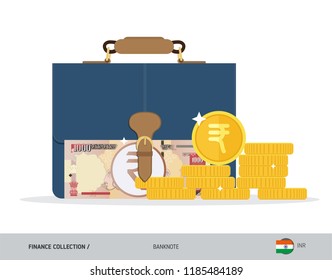 Briefcase with 1000 Indian Rupee Banknote. Flat style vector illustration. Corporate business concept.