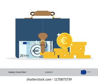 Briefcase with 20 Euro Banknote. Flat style vector illustration. Corporate business concept.