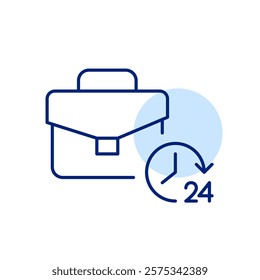 Briefcase and 24 hours clock. Non-stop business service and support. Continuous 24 7 workflow. Pixel perfect, editable stroke icon