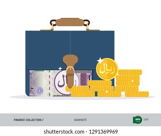 Briefcase with 5 Saudi Arabia Riyal. Flat style vector illustration. Corporate business concept.