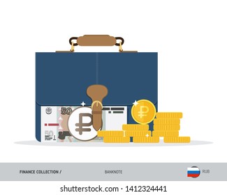 Briefcase with 50 Russian Ruble banknote. Flat style vector illustration. Corporate business concept.