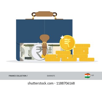 Briefcase with 500 Indian Rupee Banknote. Flat style vector illustration. Corporate business concept.