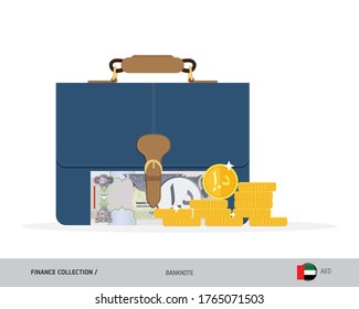 Briefcase with 500 United Arab Emirates Dirham banknote. Flat style vector illustration. Corporate business concept.