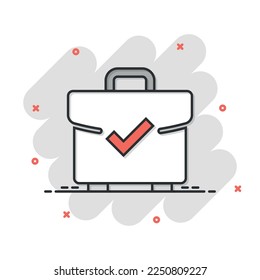 Icono de aceptación de maletín en estilo cómic. Ilustración vectorial de la caricatura de aprobación de portafolios sobre fondo blanco aislado. Confirmar el concepto de negocio del efecto de salpicadura.