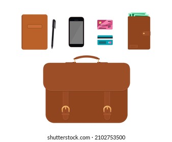 Briefcase and accessories on white background. Clipart. Vector illustration. Cartoon flat style