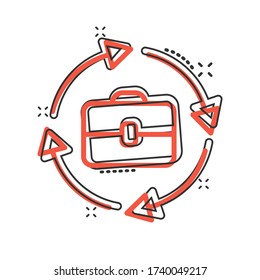 Briefcase with arrow icon in comic style. Businessman bag cartoon vector illustration on white isolated background. Portfolio splash effect business concept.