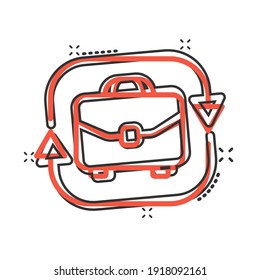 Briefcase with arrow icon in comic style. Businessman bag cartoon vector illustration on white isolated background. Portfolio splash effect business concept.